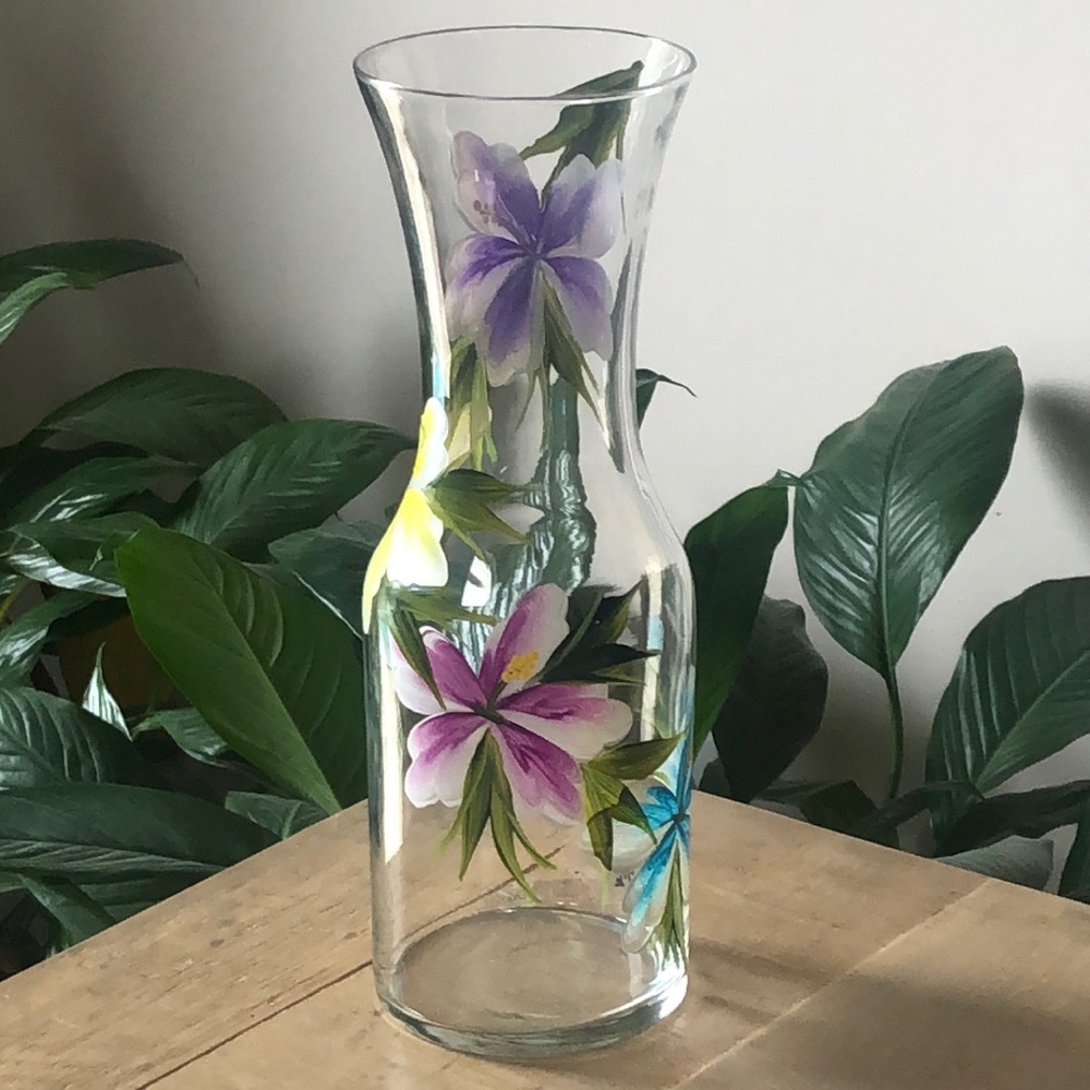 Easter / Spring Hand Painted Glass Flower Decanter Carafe Vase by Mc 🌸 10.75”